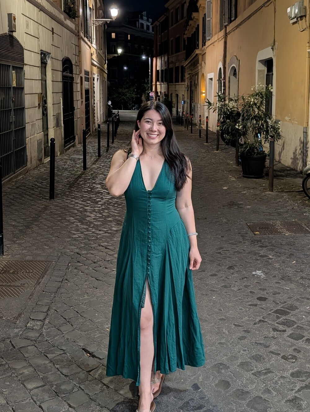 Commense Green V-Neck Button-Front Midi Dress
